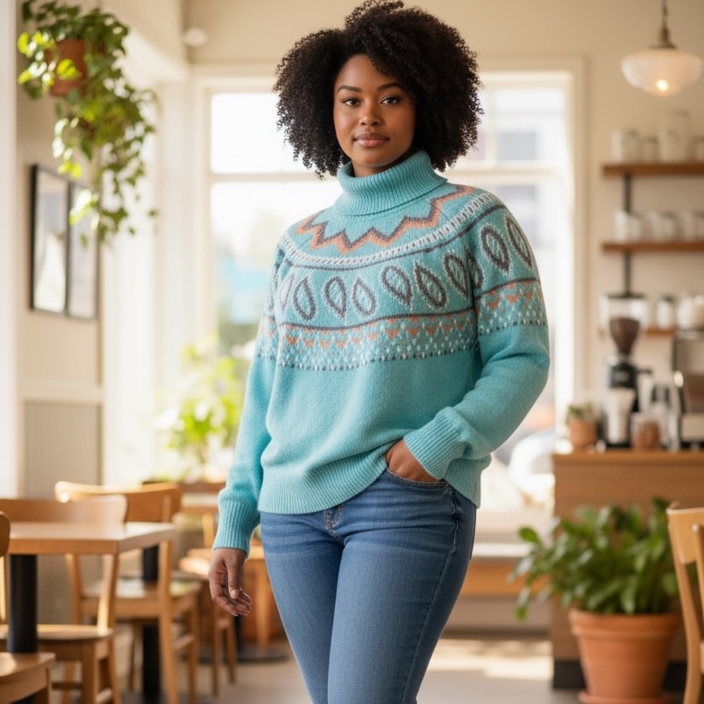 Cato Aqua and Coral Turtleneck Sweater